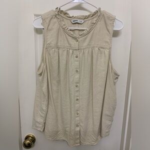 SONOMA PLUS 1X PARADISE SAND BEIGE LINEN RUFFLE BUTTON FRONT TANK TOP